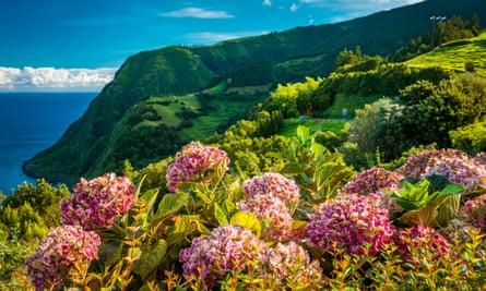 Beautiful view over green hills, meadows and mountains of São Miguel island.